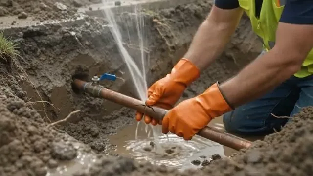 Man in orange gloves gripping a copper pipe in a wet trench while water sprays from a split.