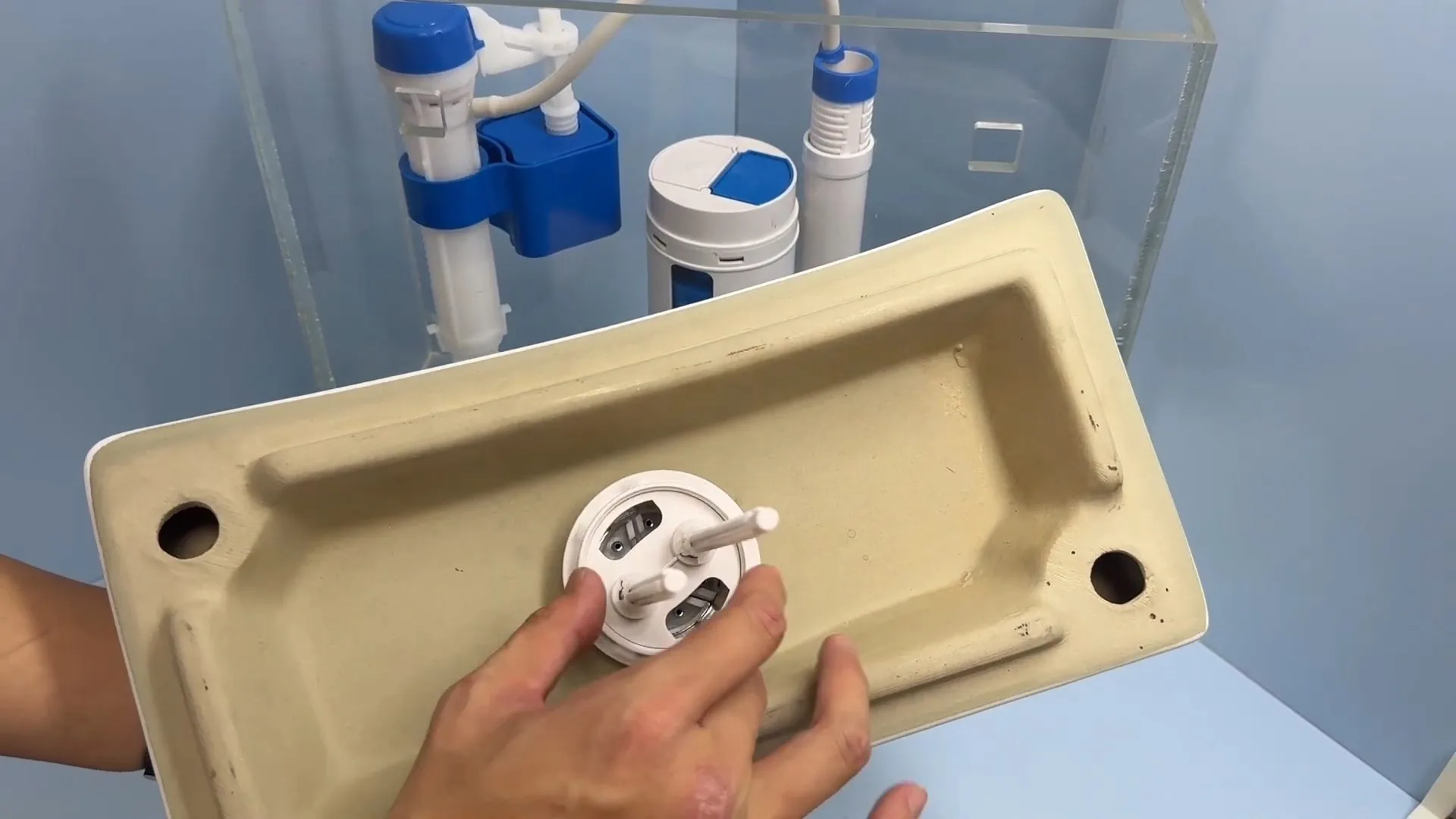 Hands holding a toilet tank lid upside down in front of a clear acrylic tank showing a blue fill valve and a white float cup.