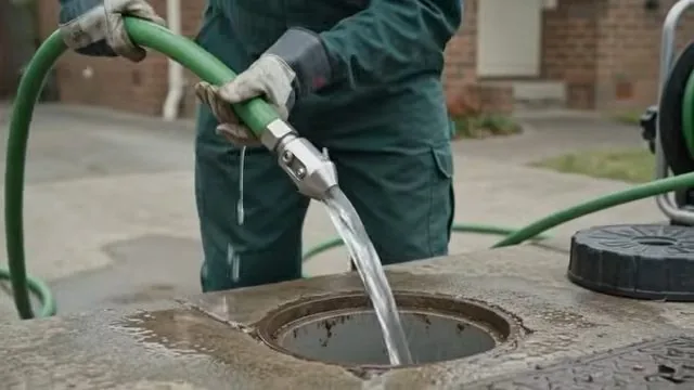 Man in green coveralls holding a jetting nozzle that sends a stream of water into an open cleanout.