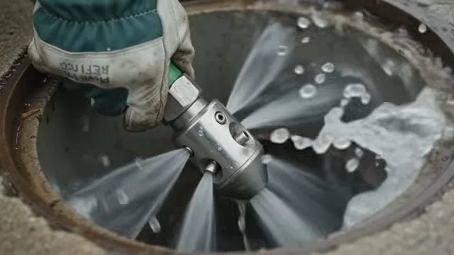 Water spraying outward from a jetting nozzle held by a gloved hand inside an open drain.
