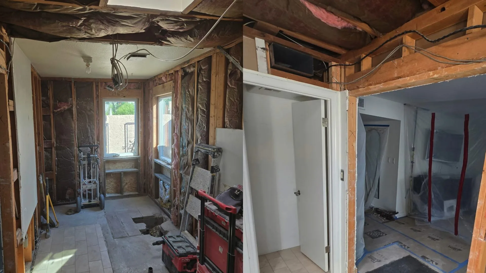Room with its walls opened to the studs, plastic sheeting over a doorway and a tool case on the floor.