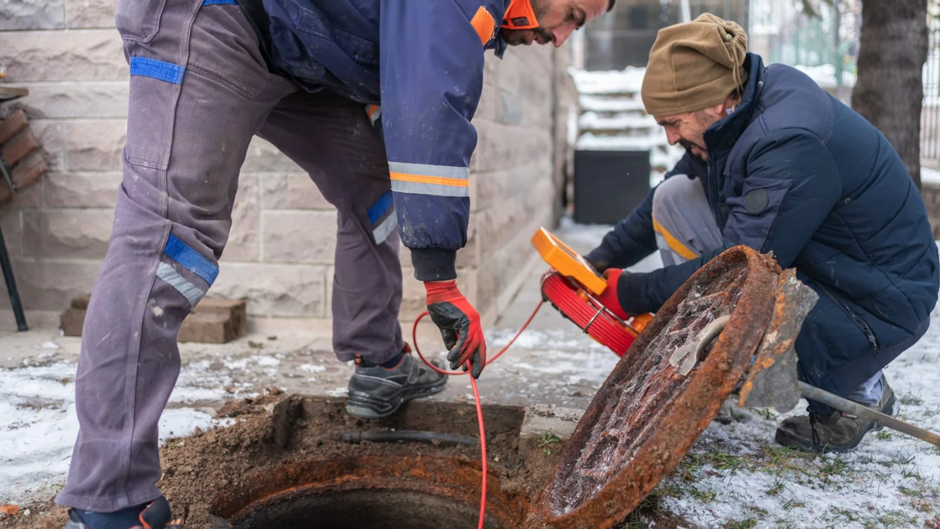 Two workers at an open manhole in a snowy yard feeding an orange cable into the opening.