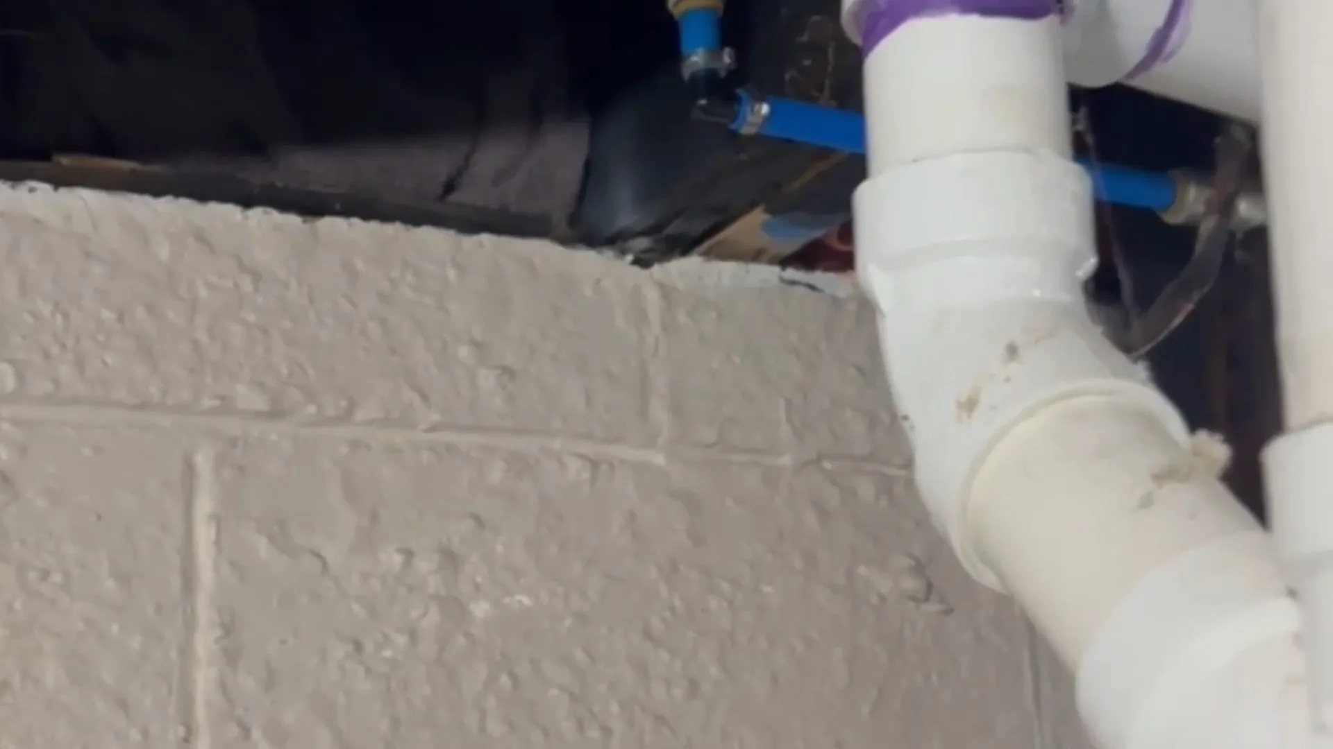 White PVC drain fittings beside a cinder block wall, with blue pipe above them.